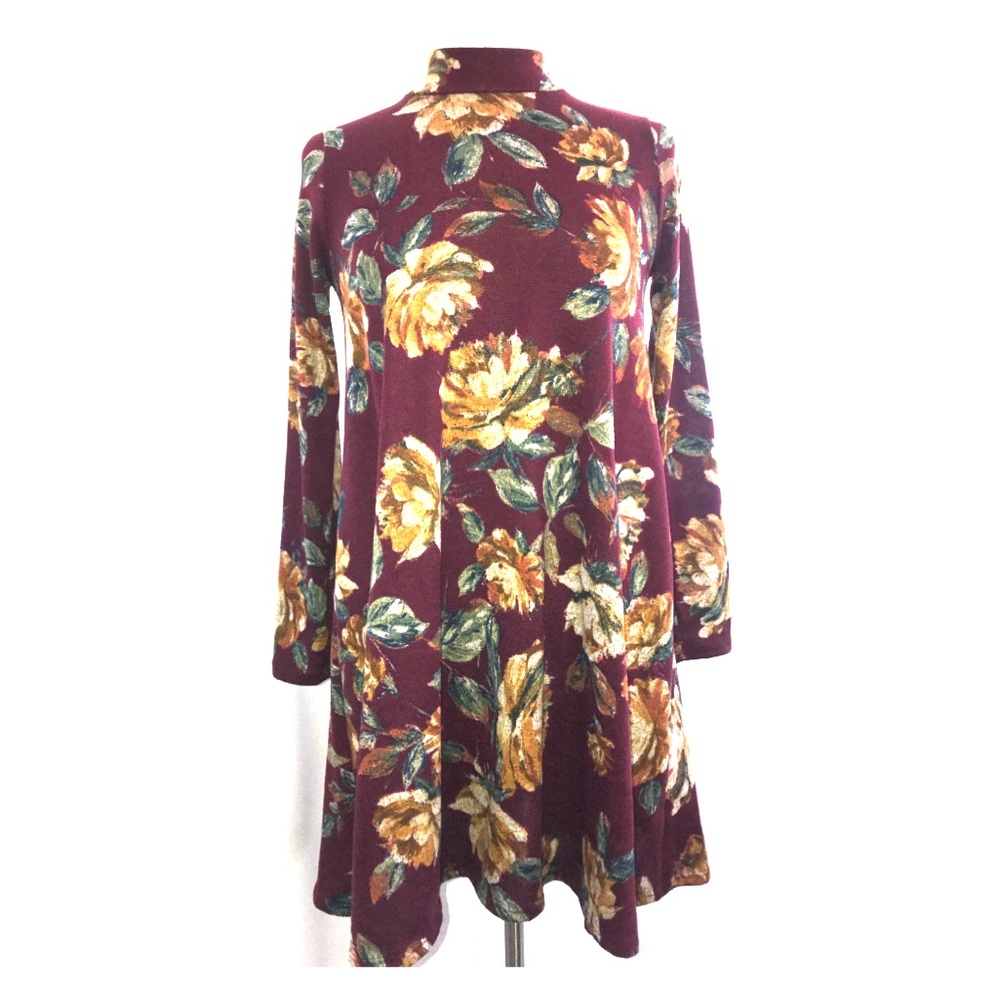 Maroon Floral Long Sleeve Dress with Flare